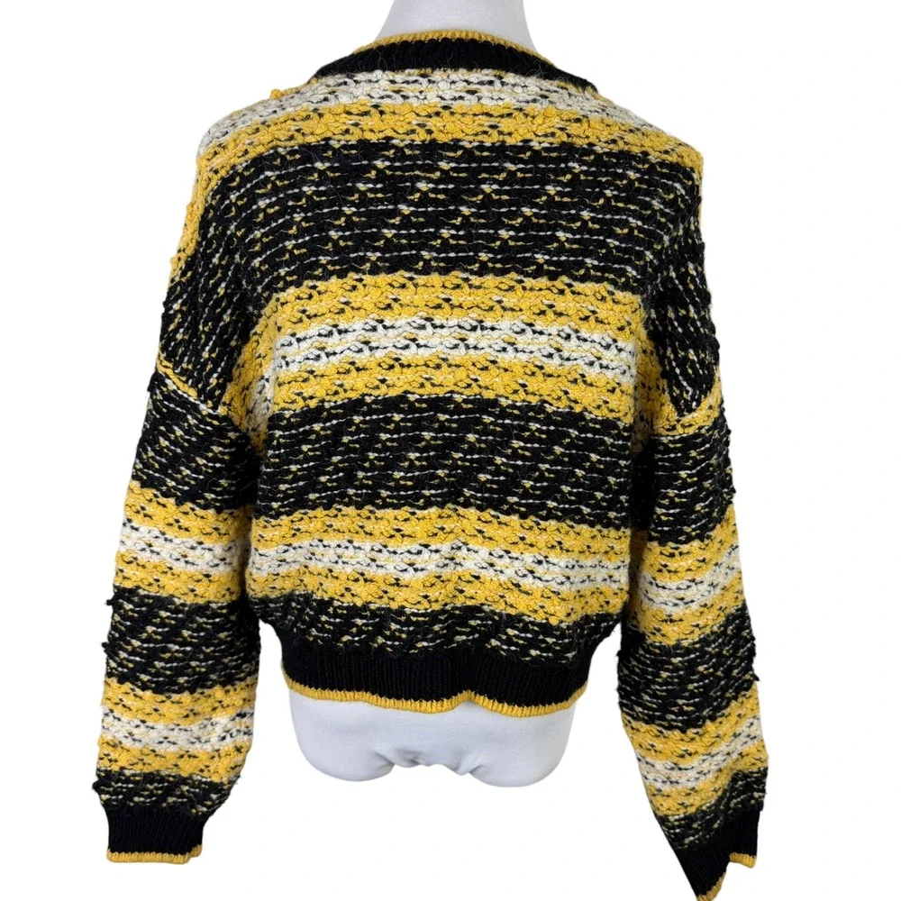 MNG Mango Women's Medium Striped Knit Sweater‎ Yellow Black White Crew Neck